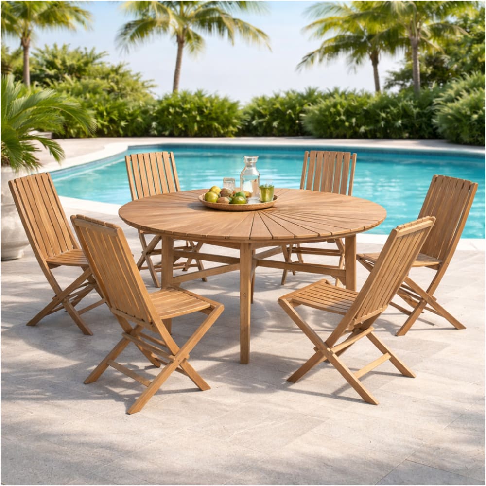 Conjunto de mesa redonda de teca y 6 sillas plegables - Maisons du Monde