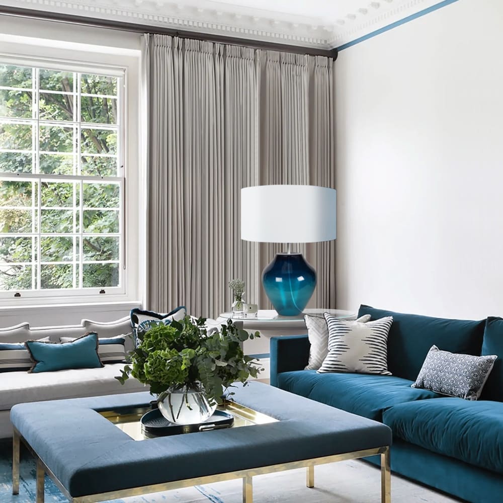 Lampe à poser verre pétrole abat-jour tissu blanc