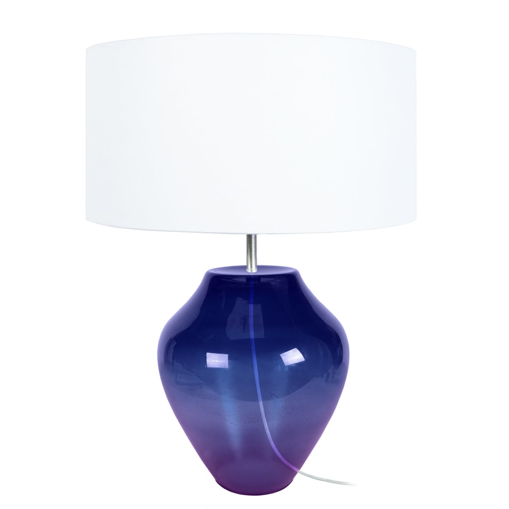 Lampe à poser verre violet abat-jour tissu blanc