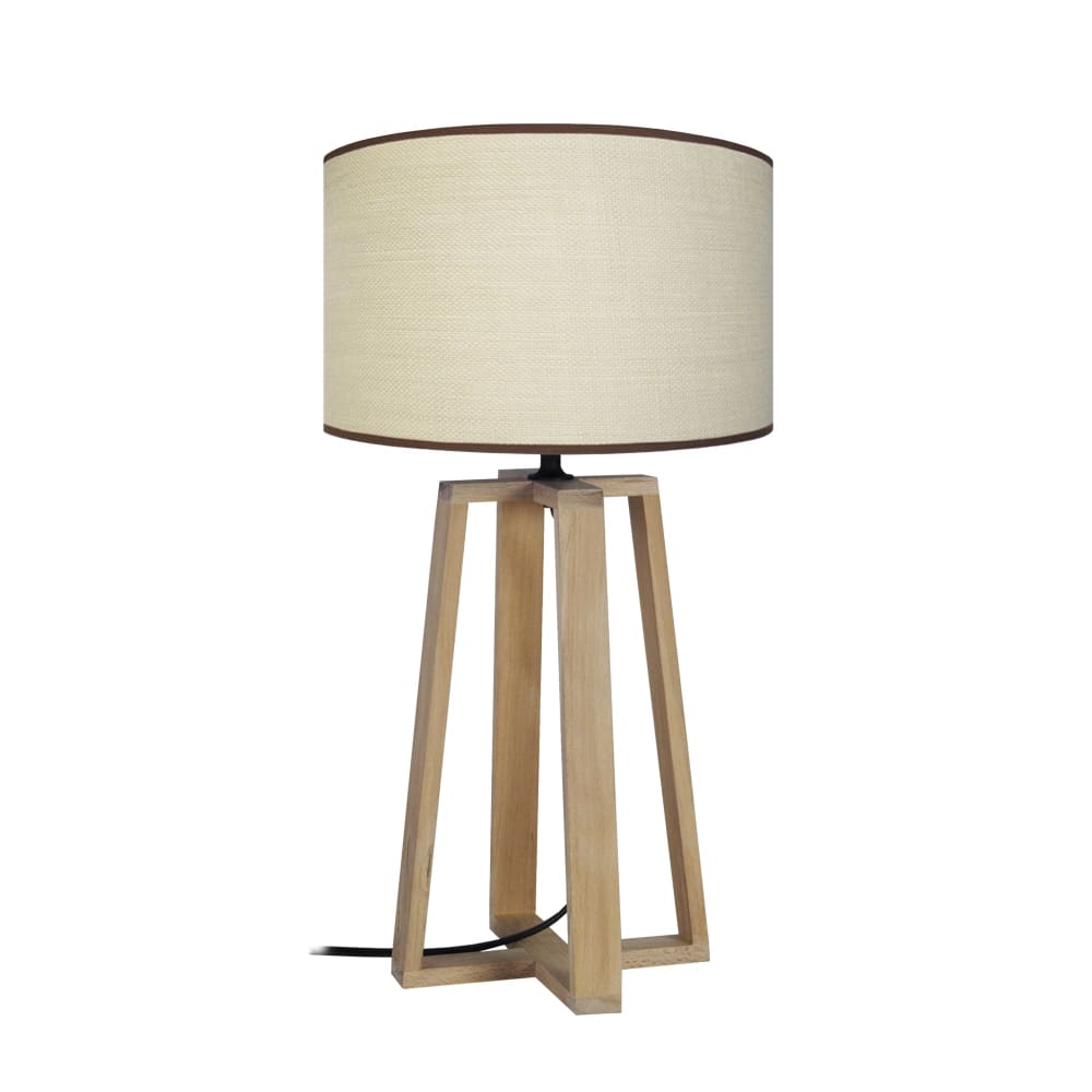 lámpara de quatro piés madera natural pantalla blanco