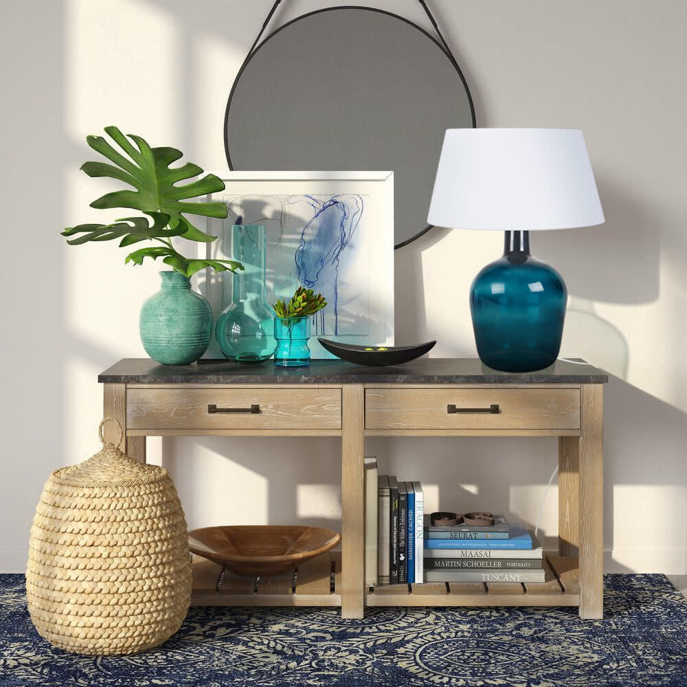 Lampe de table verre abat-jour tissu bleu — vue 3