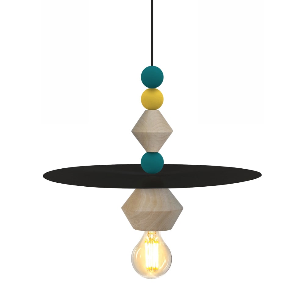 Suspension bois naturel multicolor abat-jour métal noir