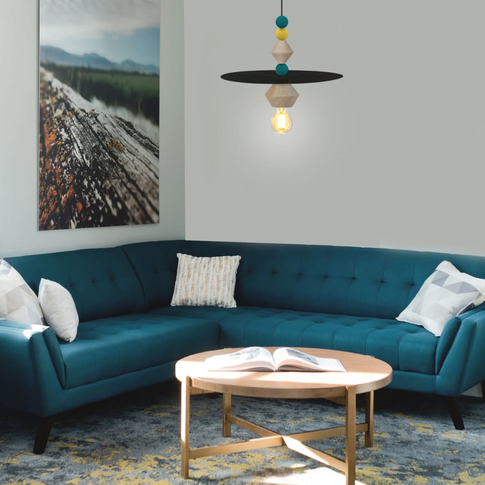 Suspension bois et métal multicolor abat-jour métal noir et naturel