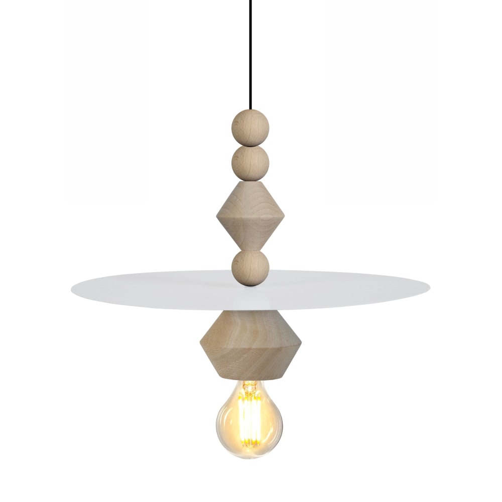 Suspension bois naturel abat-jour métal  blanc