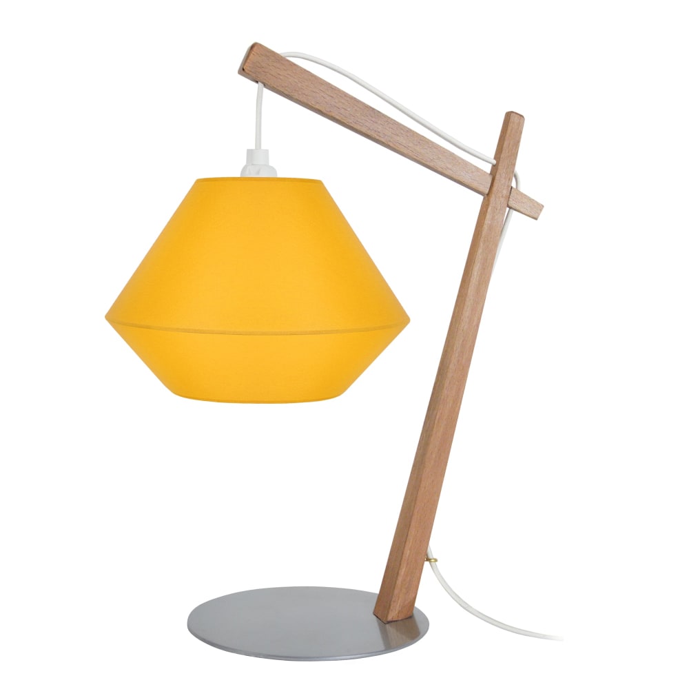 Lampe à poser pied métal bois naturel abat-jour jaune
