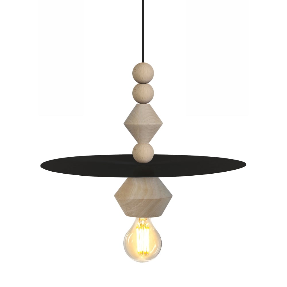 Lámpara de suspensión madera natural pantalla metal negro