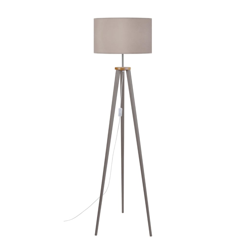 Lampadaire trepied  bois abat-jour tissu taupe