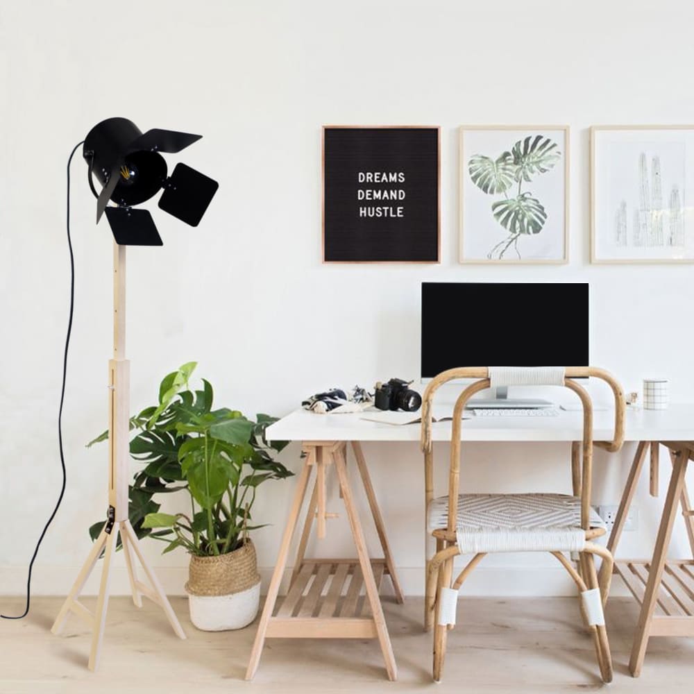 Lampadaire liseuse bois naturel abat-jour noir