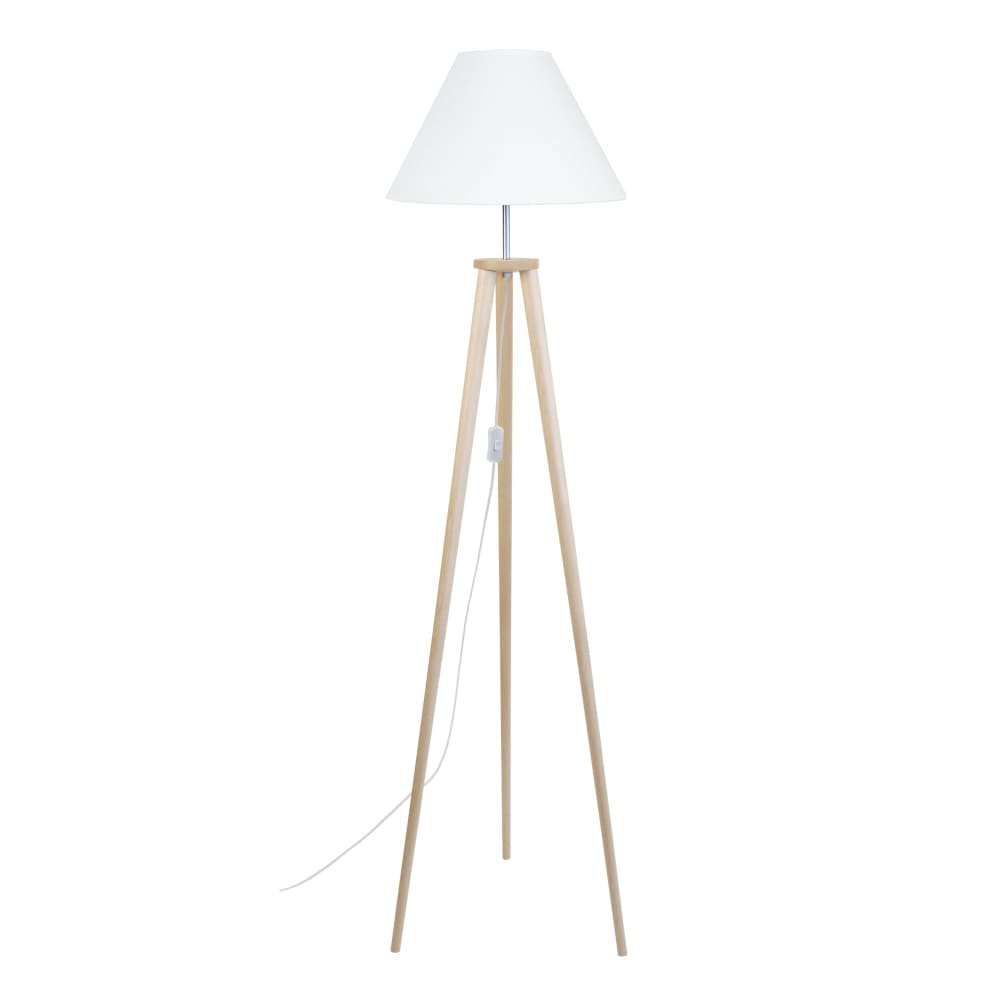 lampara de pie trepied tripode madera natural metal pantalla blanco