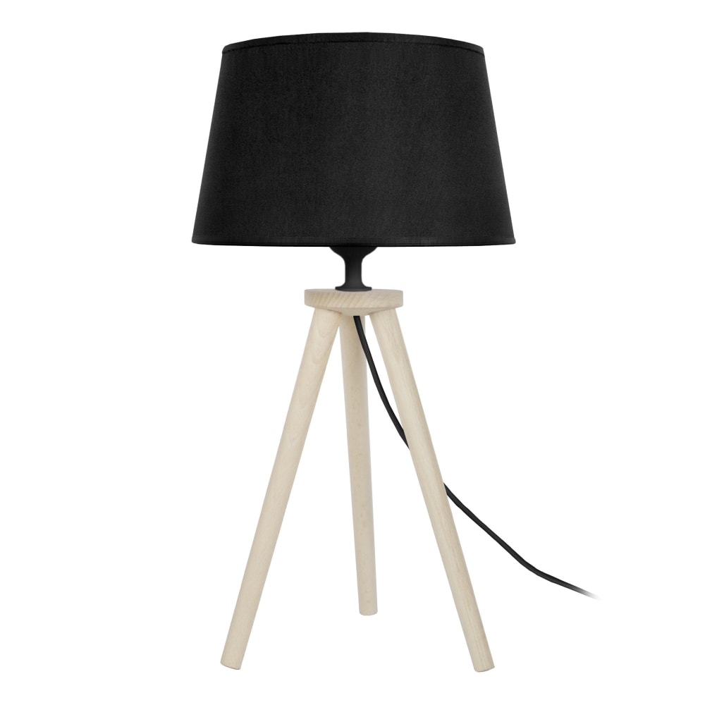 Lámpara de mesa trípode madera natural pantalla negro