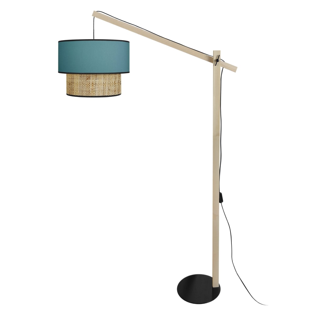 Lampadaire bois naturel métal noir abat-jour tissu bleu