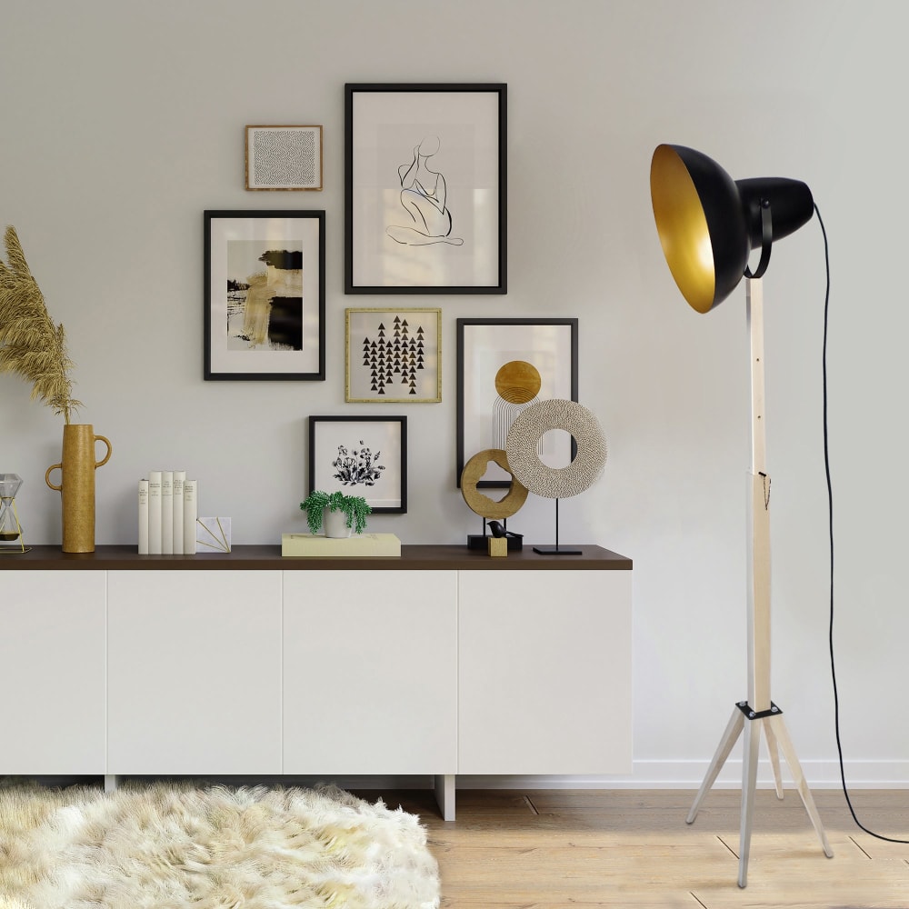 Lampadaire liseuse bois naturel abat-jour métal noir