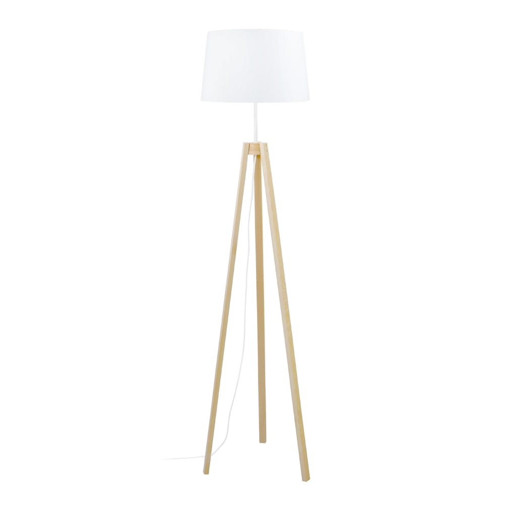 Lampadaire bois naturel abat-jour tissu blanc