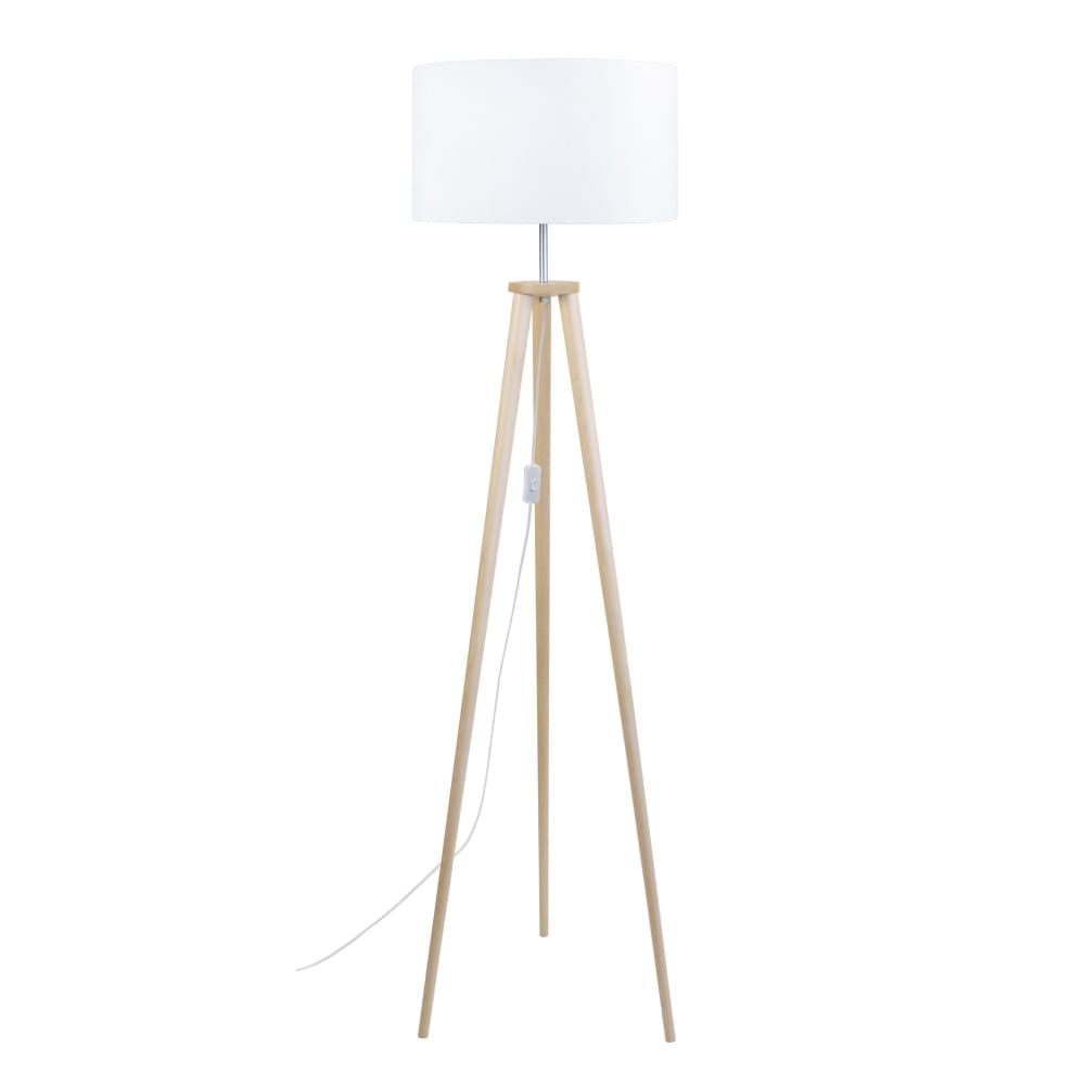 Lampadaire bois naturel  abat-jour tissu blanc