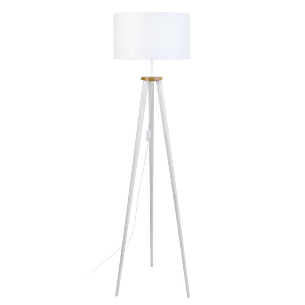 Lampadaire   bois     blanc abat-jour tissu blanc