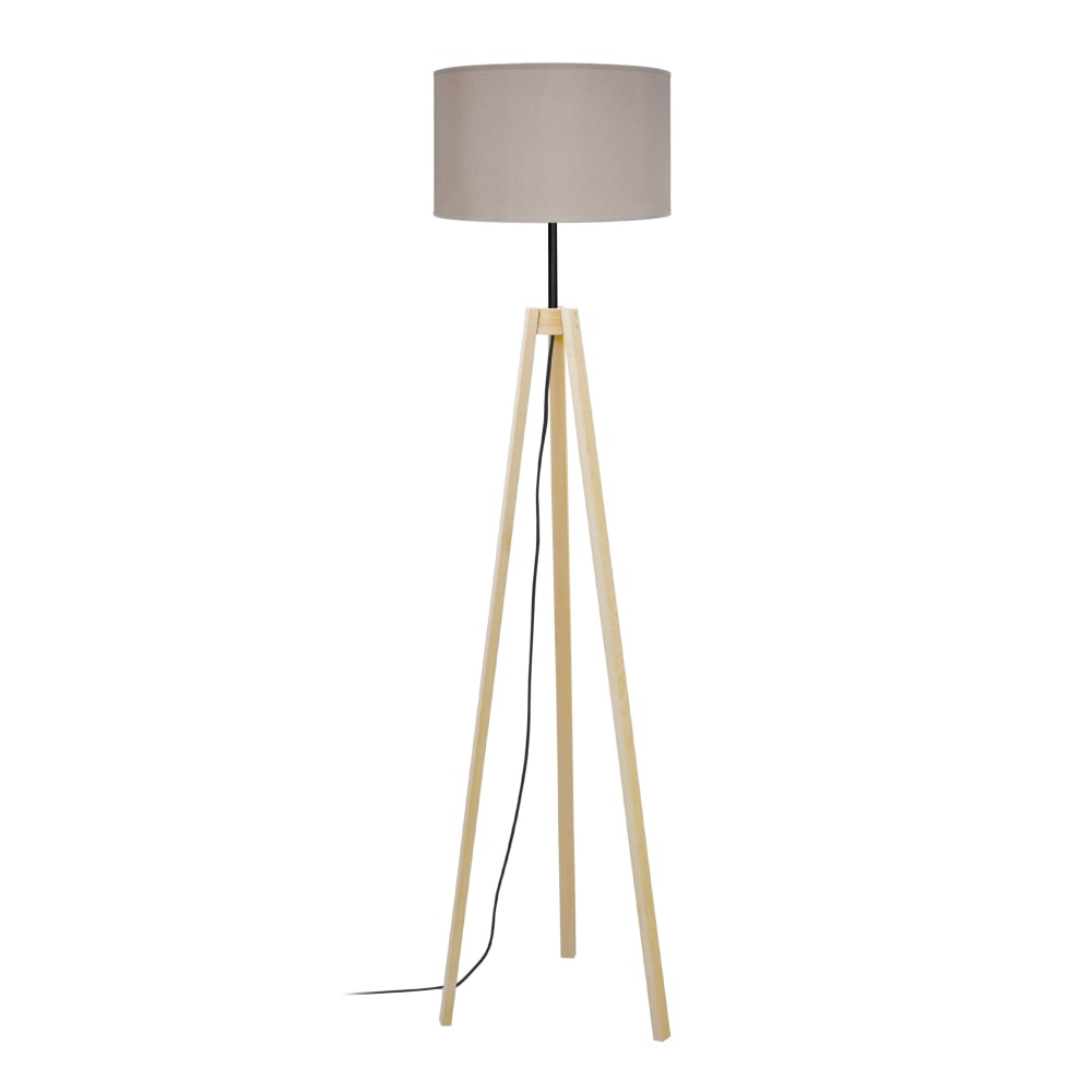 Lampadaire trepied bois naturel abat-jour tissu taupe
