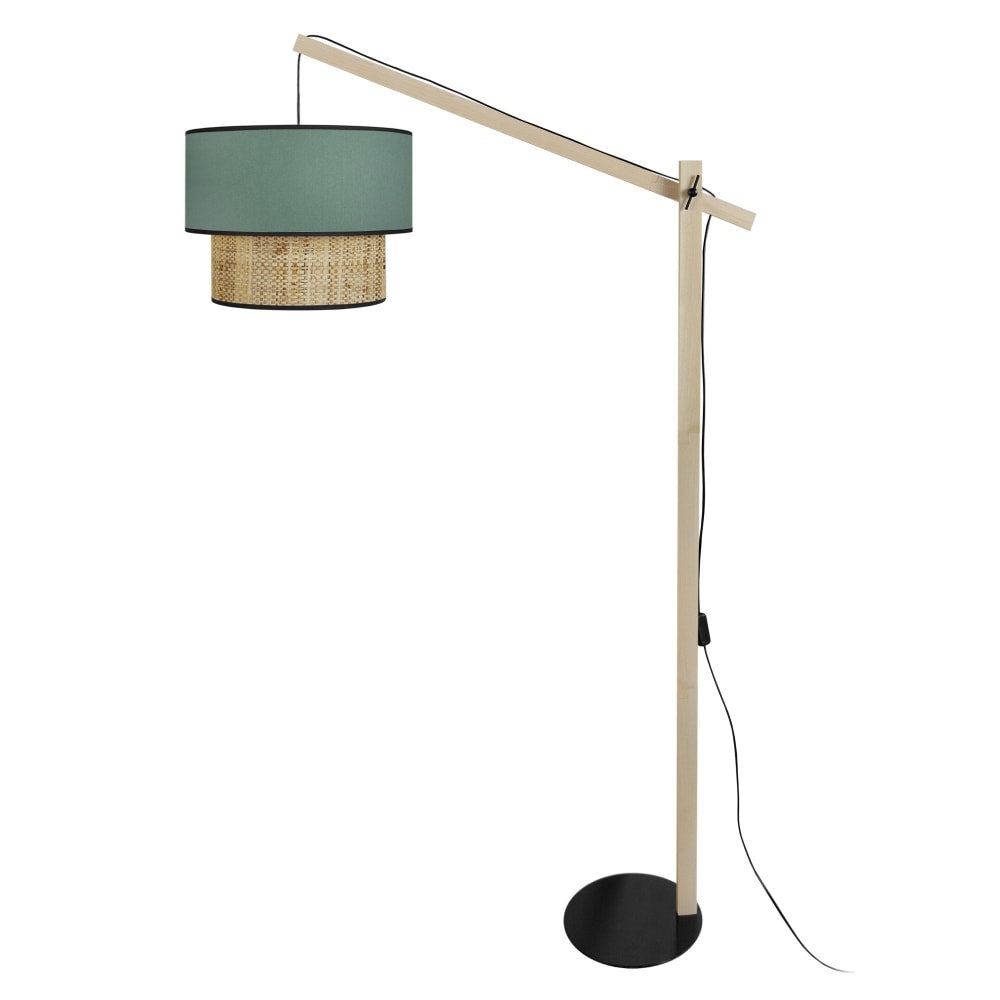 Lampadaire cigogne bois naturel métal noir abat-jour tissu vert