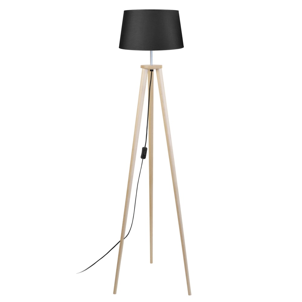 Lampadaire bois naturel abat-jour tissu noir