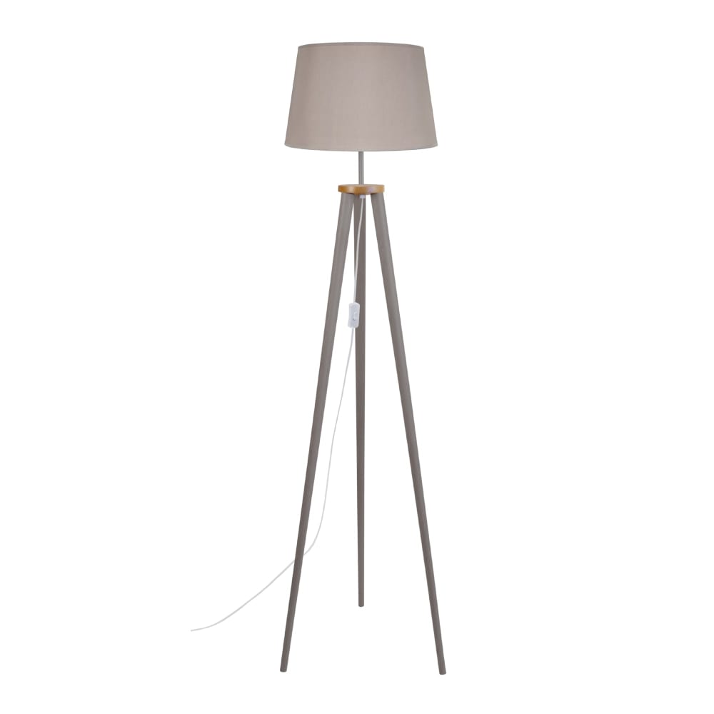 Lampadaire trepied  bois abat-jour tissu taupe
