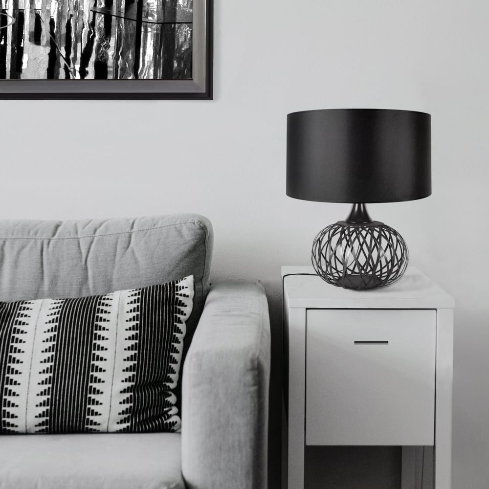 Lampe de salon métal anthracite et noir abat-jour noir