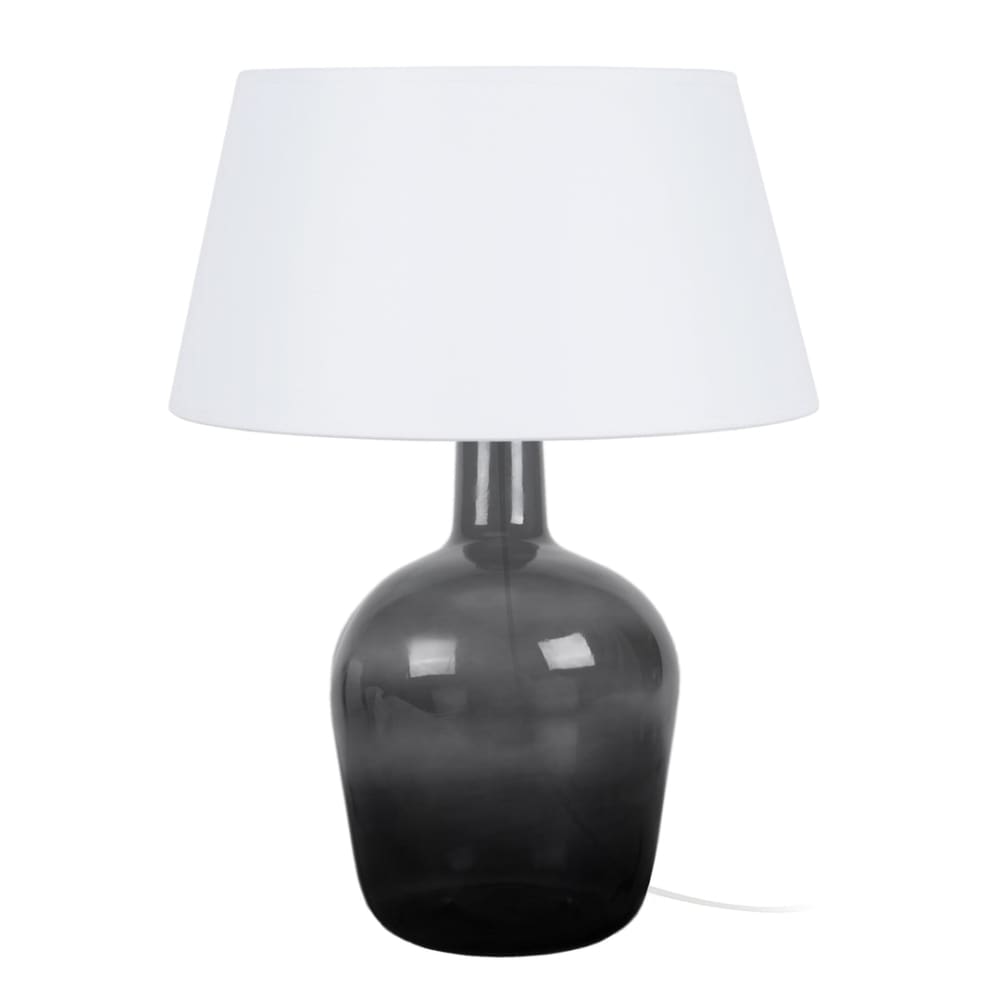 Lámpara de mesa botella vidrio ahumado pantalla blanco