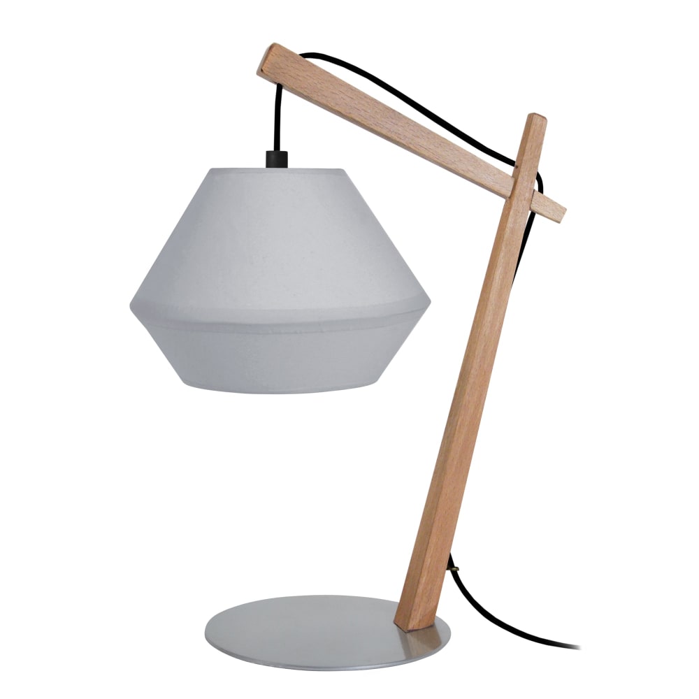 Lámpara de mesa metal madera natural pantalla gris