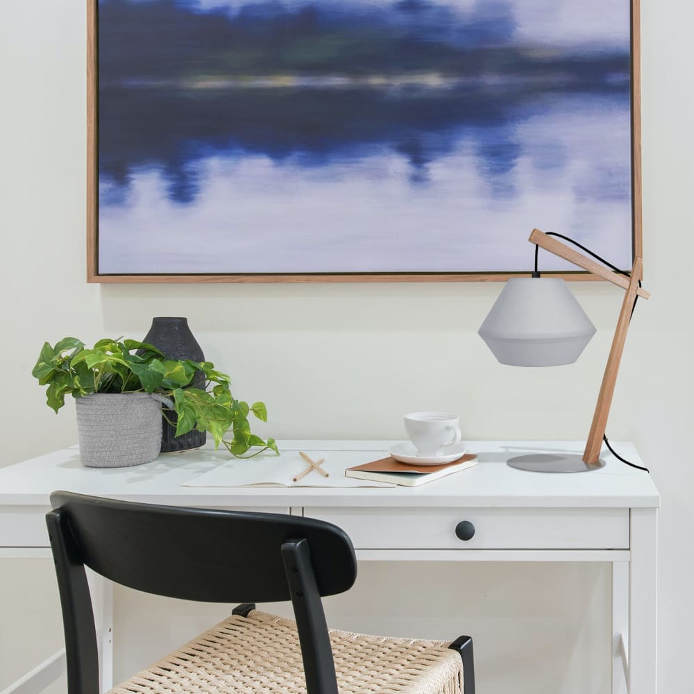 Lampe à poser pied métal bois naturel abat-jour gris — vue 3