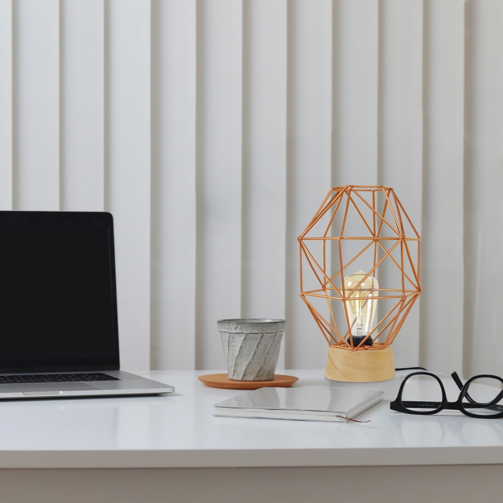 Lampe de table bois naturel abat-jour métal cuivre — vue 3