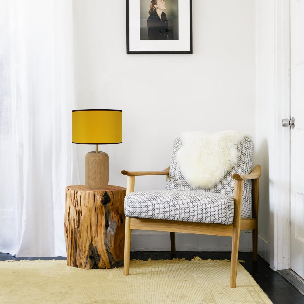 Lampe de table bois naturel métal abat-jour bois jaune moutarde — vue 3
