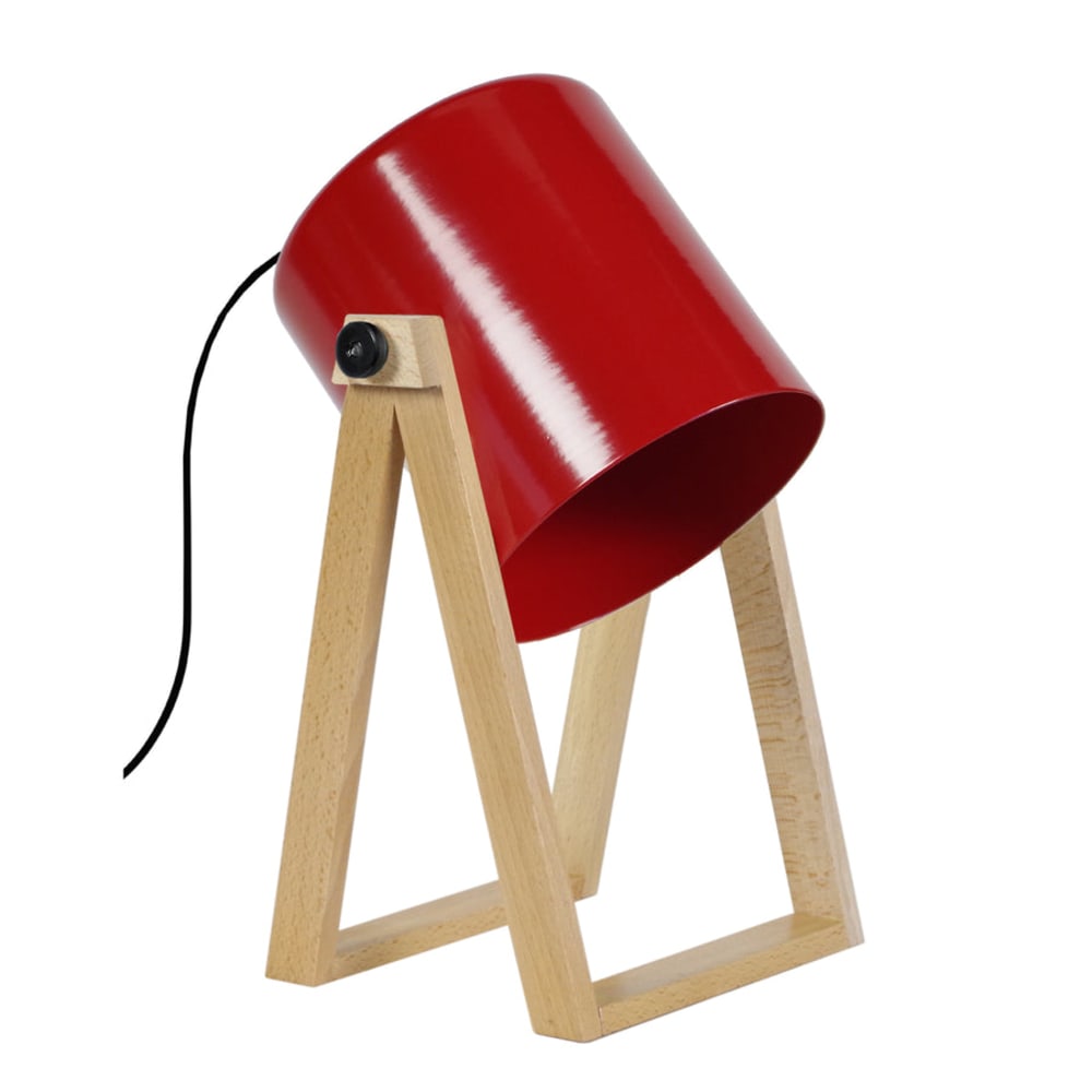 Lampe à poser bois naturel abat-jour métal rouge