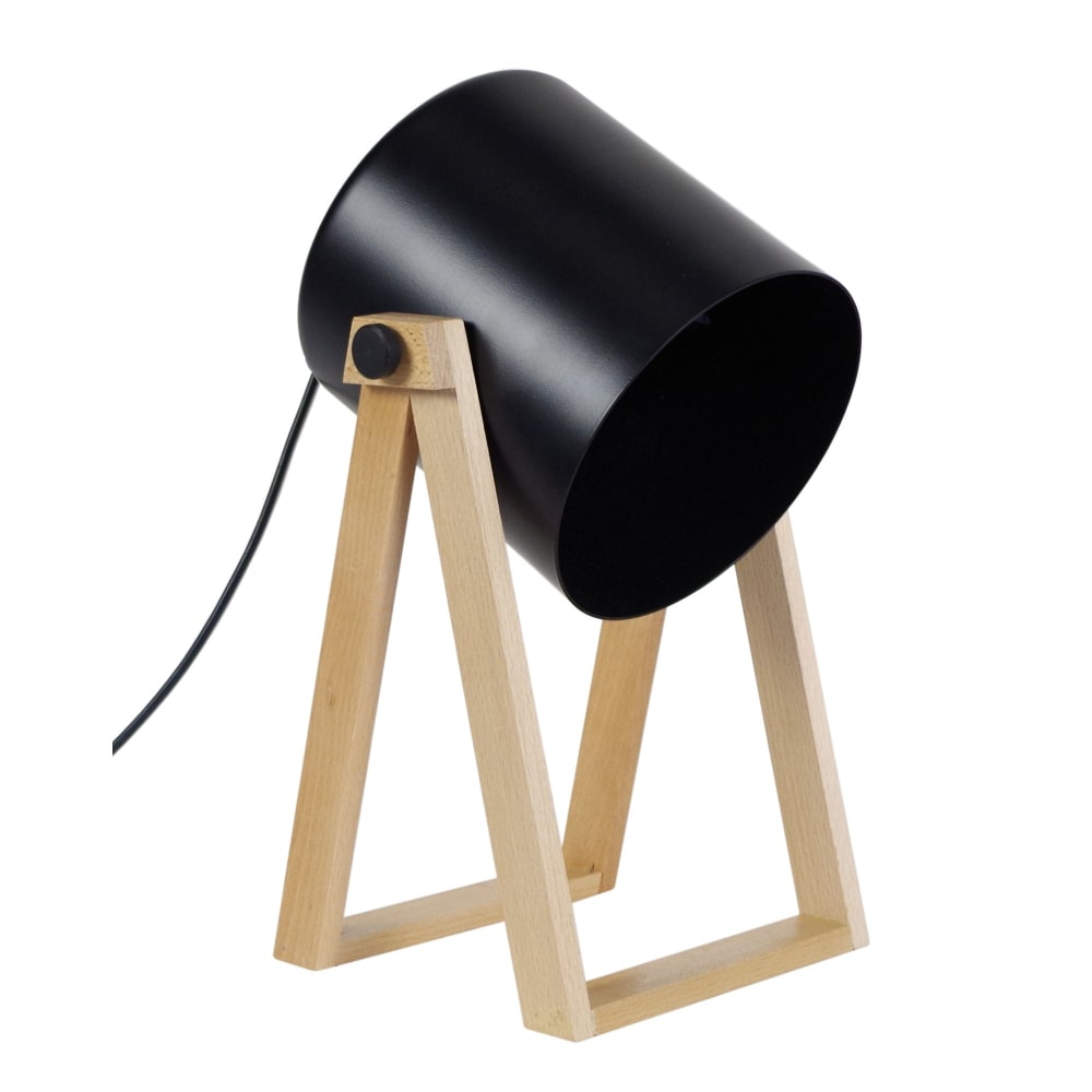 lámpara de mesa madera natural pantalla negro