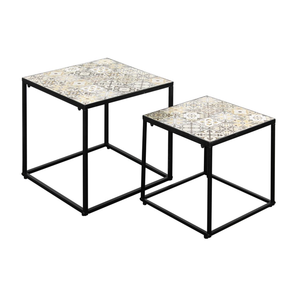 Coppia tavolini top decorato in ceramica in acciao nero - Multicolore - Acciaio