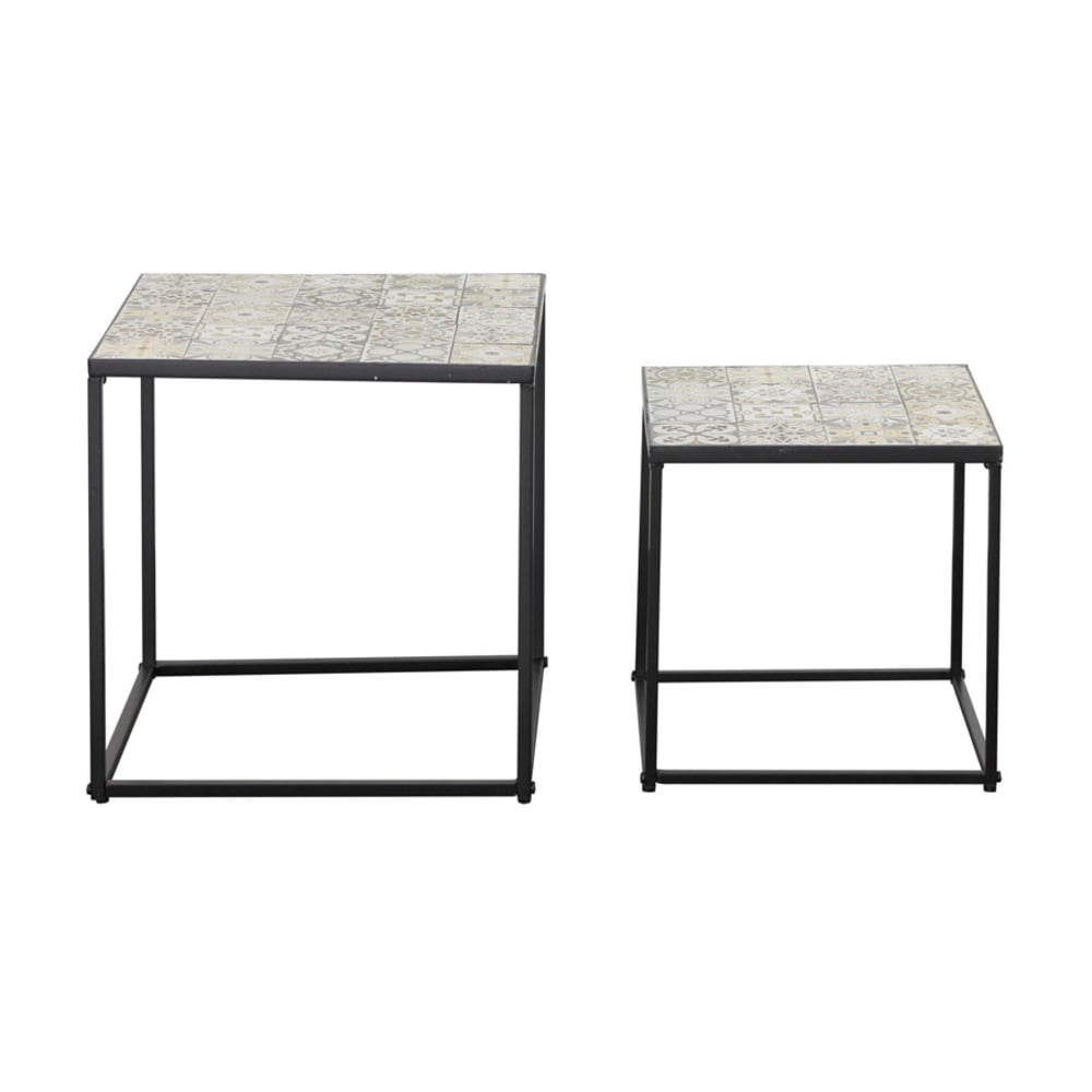 Coppia tavolini top decorato in ceramica in acciao nero -