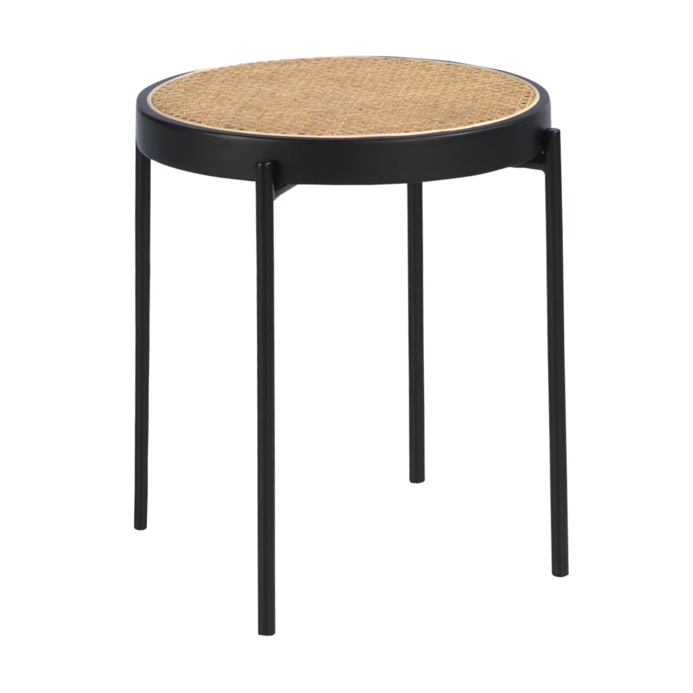 Table d'angle ronde en rotin, bois noir et acier noir Table d'angle ronde en rotin, bois noir et acier noir
