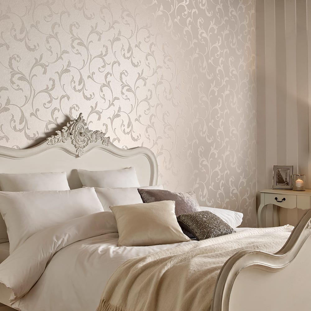 Carta da parati barocca perlata bianca 1005x52cm - Modello Classico chic - Bianco - Tessuto non tessuto
