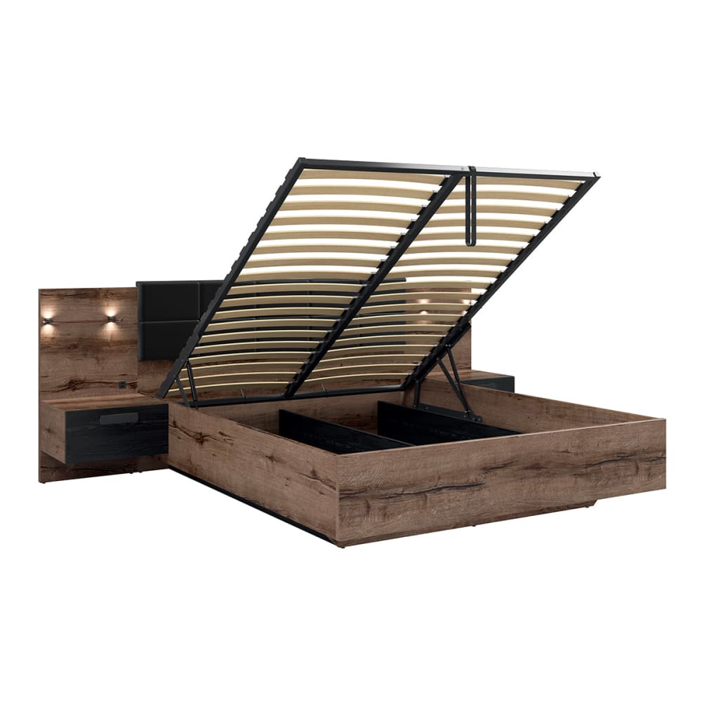 Lit coffre 160x200 sommier chevet led panneaux particules noir
