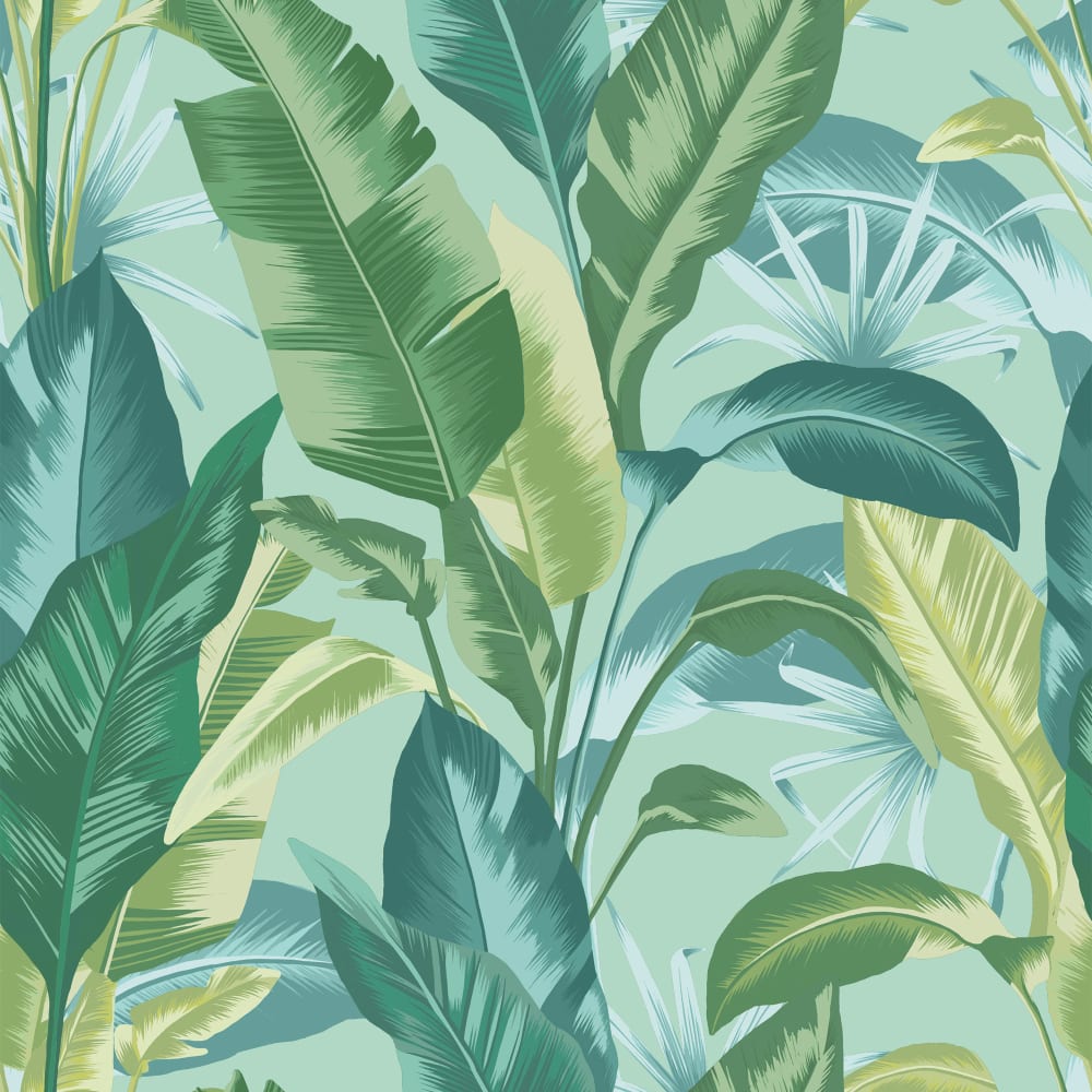 Carta da parati fogliame tropicale su sfondo verde menta