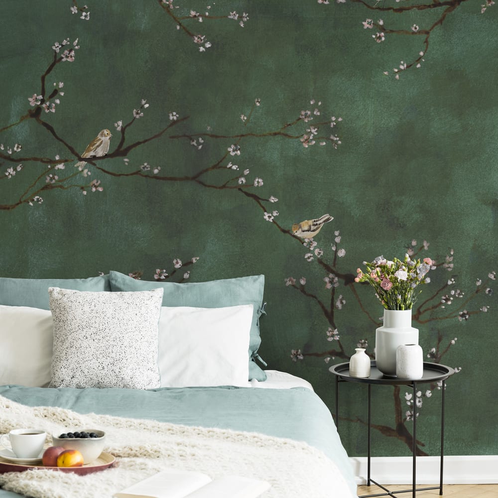 Affresco panoramico ciliegi giapponesi verde 300x280cm - Modello Classico chic - Verde - Tessuto non tessuto