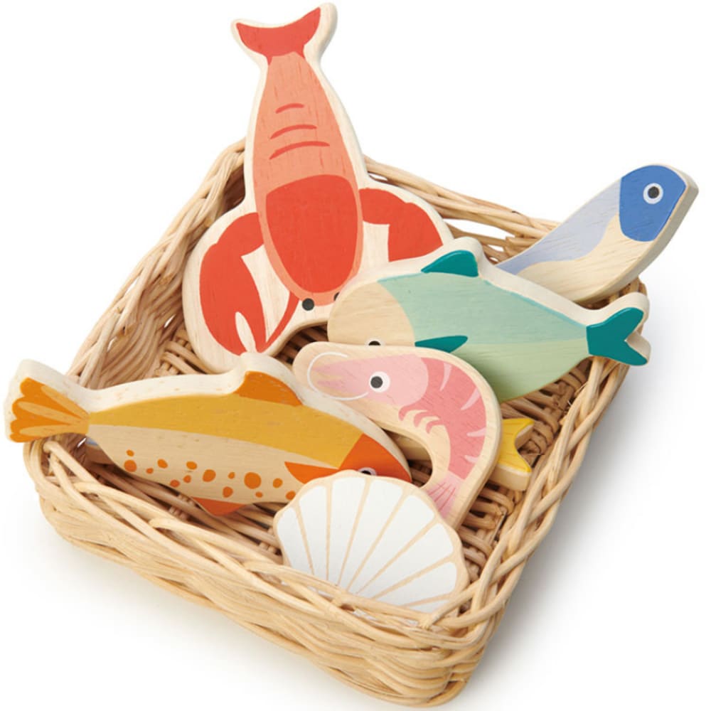 Tender Leaf Toys Panier du marché Fruits de mer Multicolore Bois - 6x16x16cm