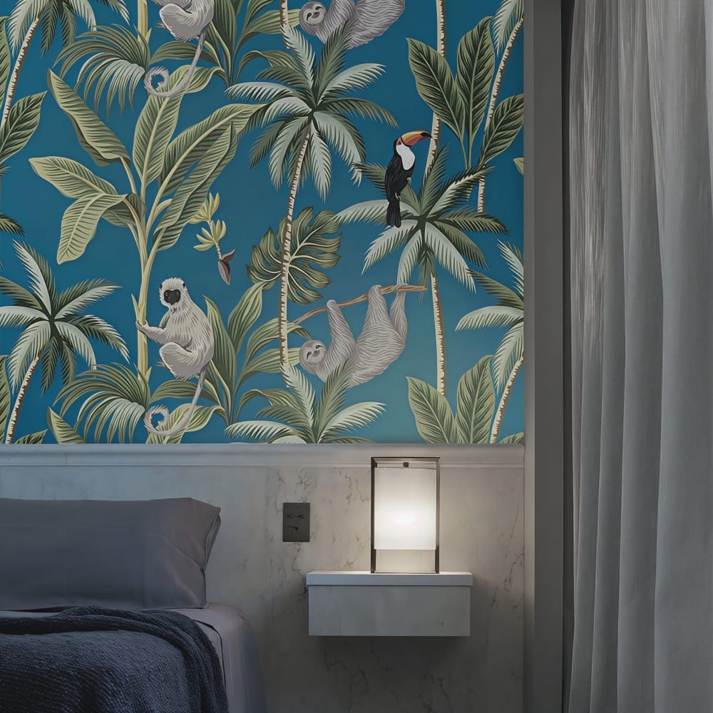 Papier Peint Bleu Jungle, papier véritable, 200x280cm, 8 feuilles