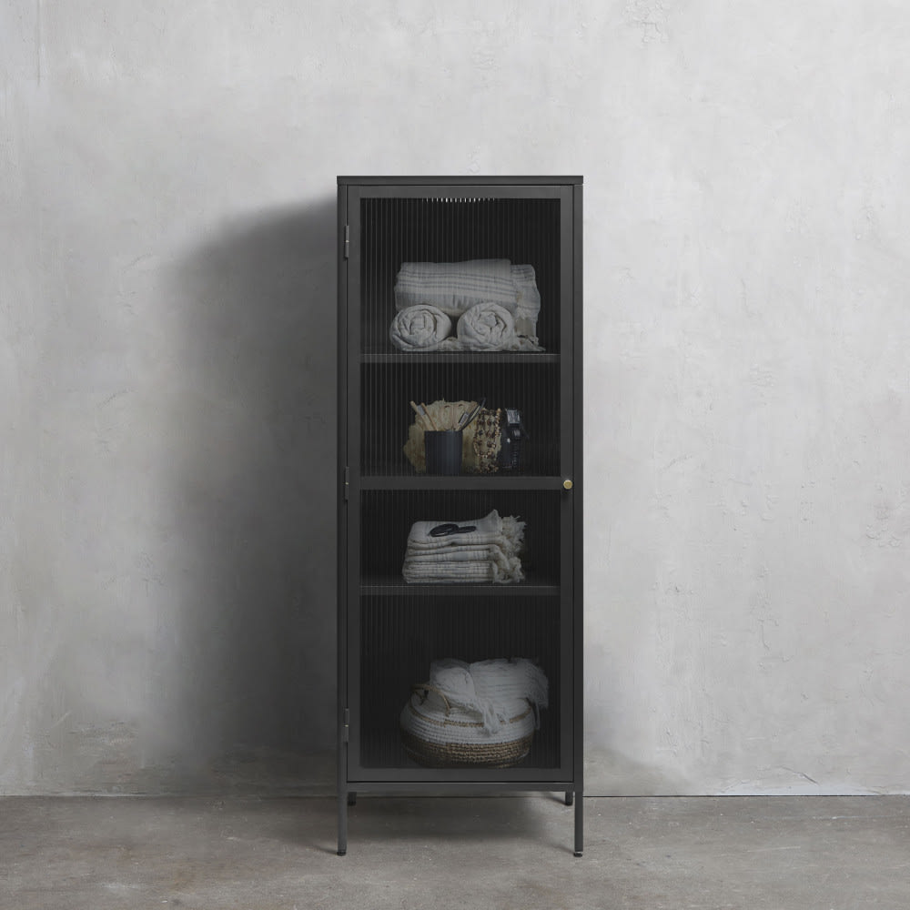 Colonne de rangement 1 porte en verre strié et métal h160cm - noir - Maisons du Monde