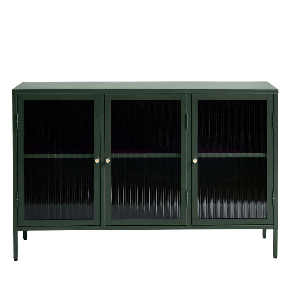 Buffet 3 portes en verre strié et métal L132cm - Vert foncé