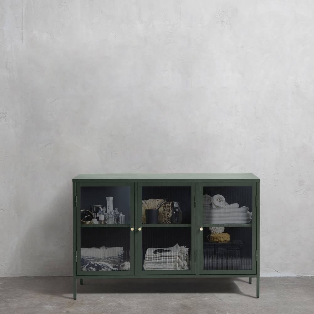 Buffet 3 portes en verre strié et métal l132cm - vert foncé - Maisons du Monde