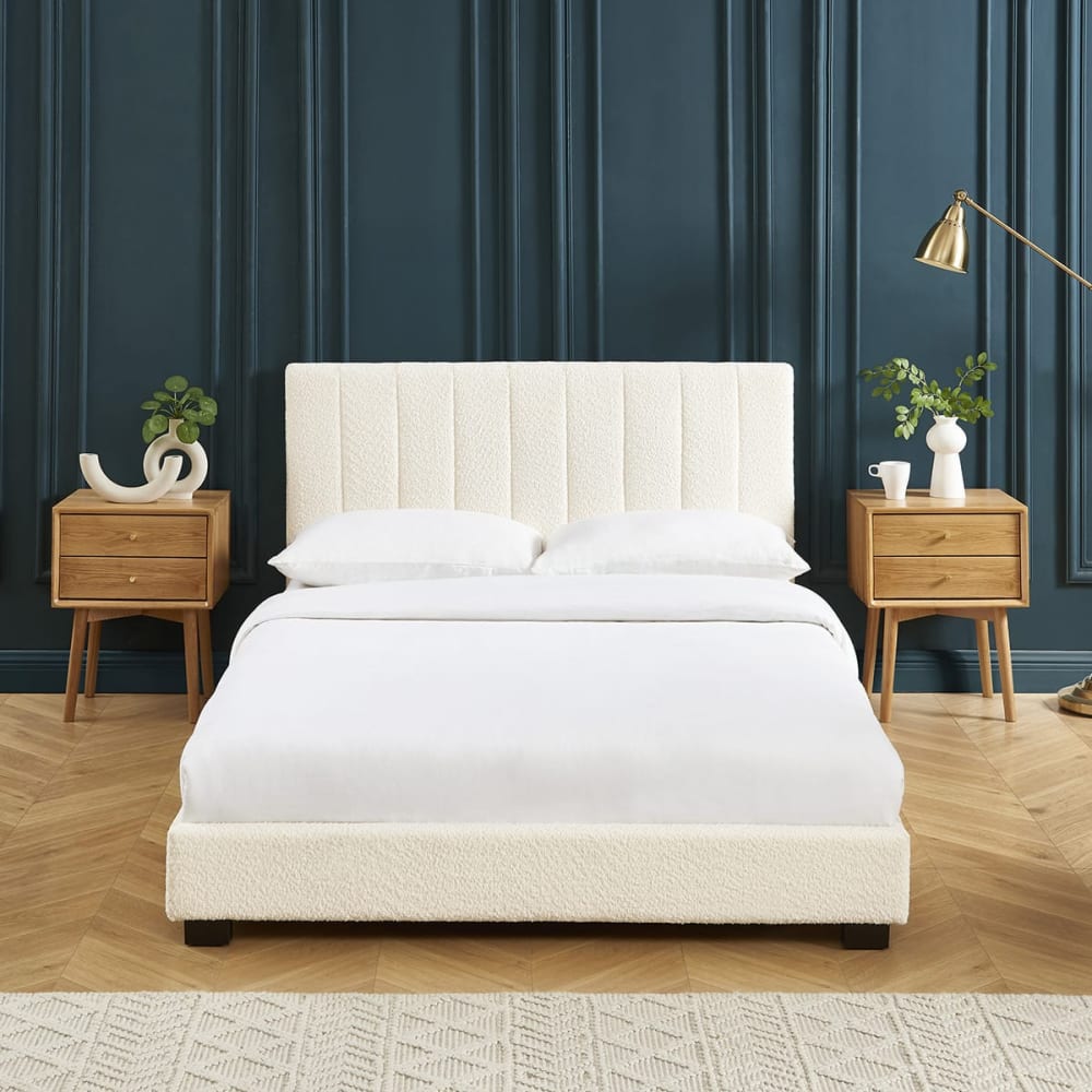 Lit adulte avec tête de lit capitonnée en tissu bouclé écru 140x190