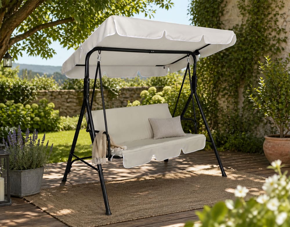 Dondolo da giardino 3 posti con tettuccio regolabile beige in