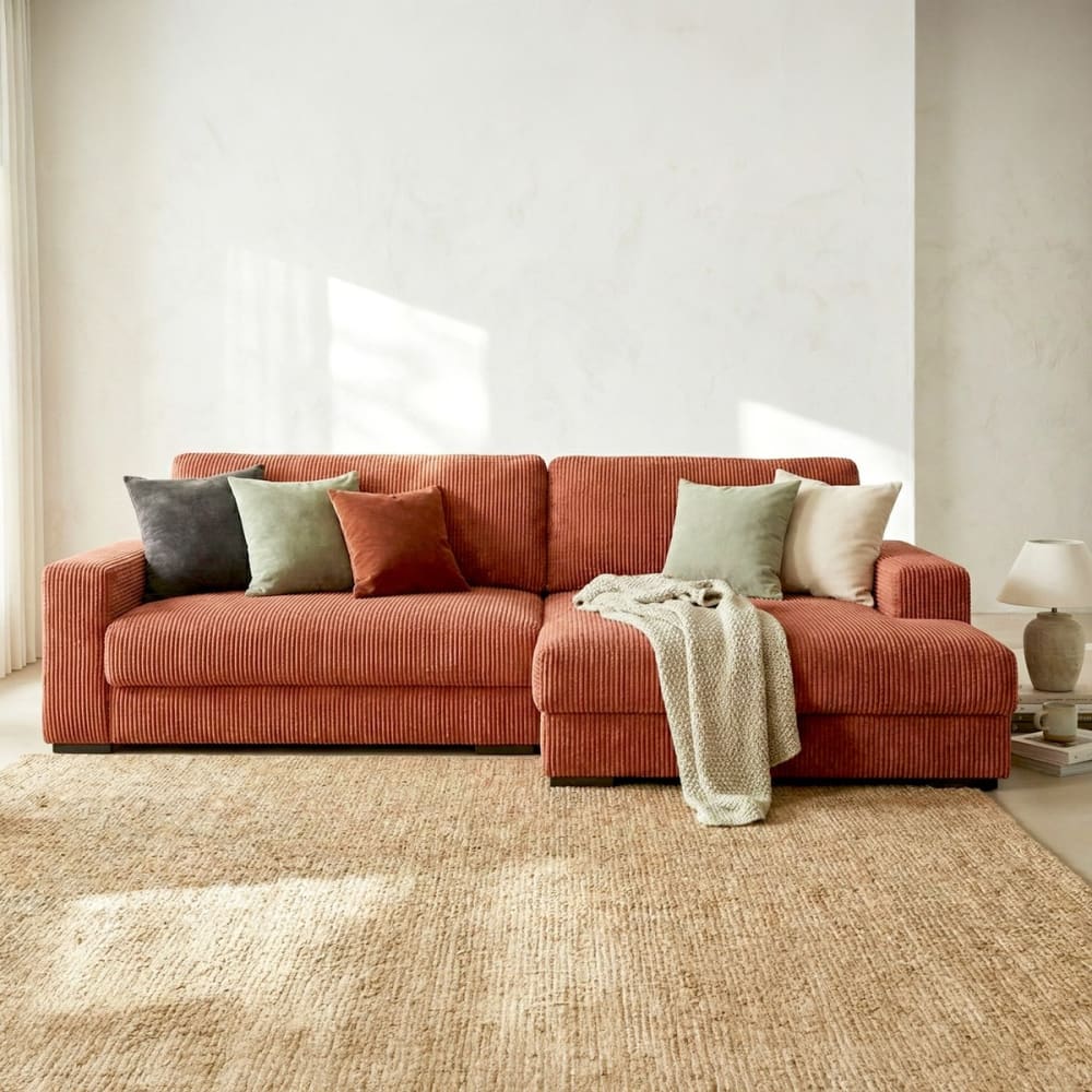 Canapé d'angle à droite convertible 3 places en velours côtelé rouille