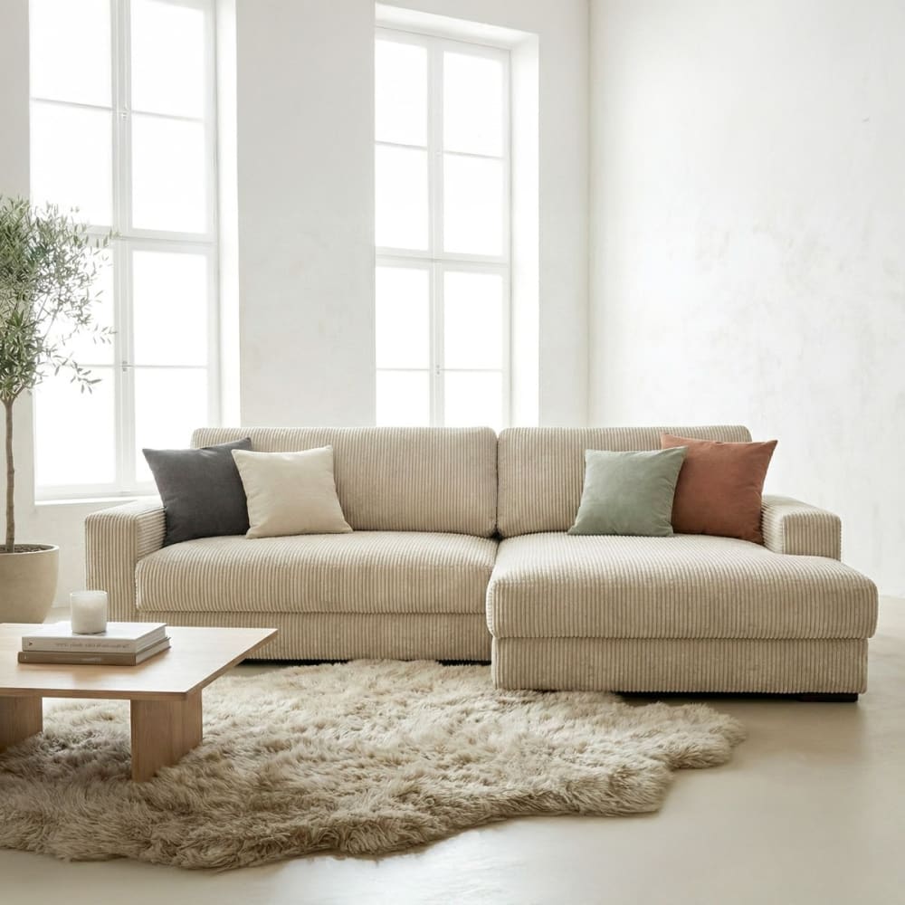 Canapé d'angle à droite convertible 3 places en velours côtelé beige