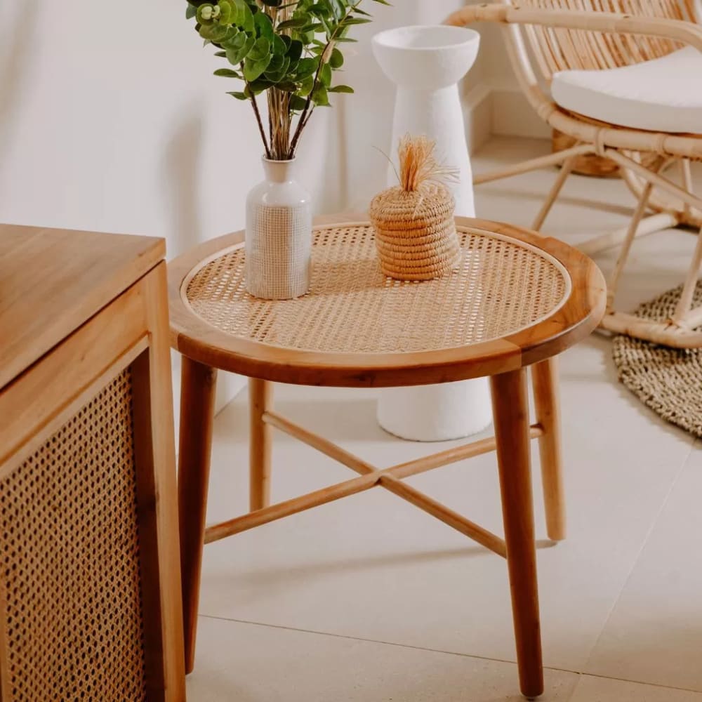 Table ronde en bois de manguier et cannage 46x60