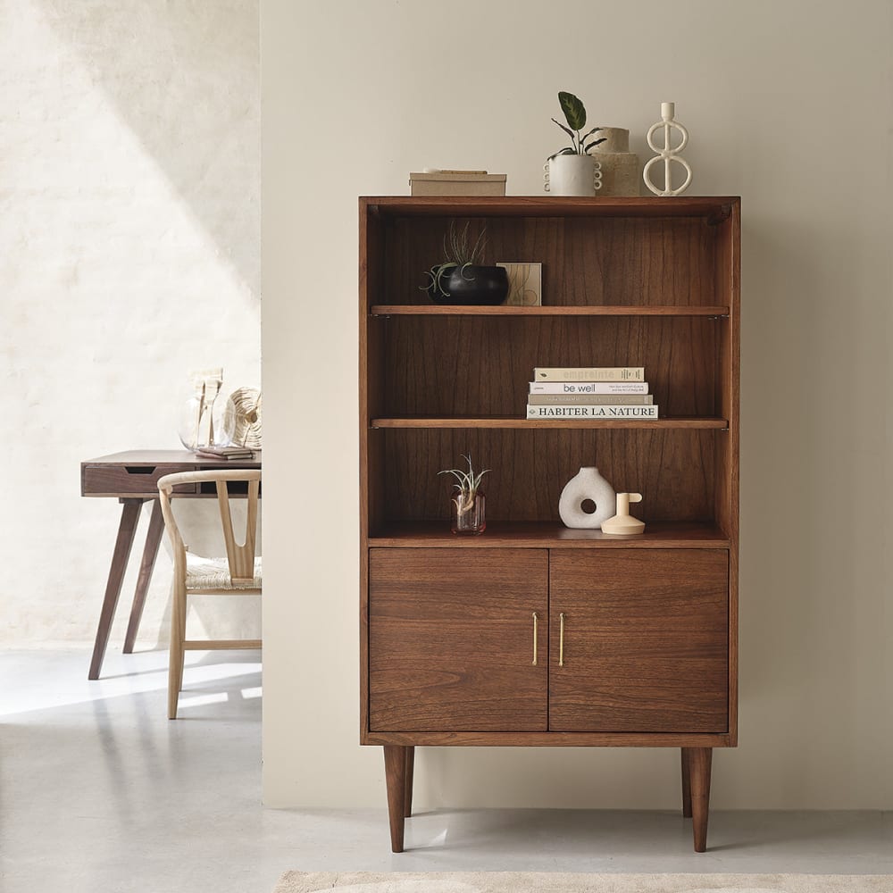 BERAH GETAH Bücherregal aus massivem Mindy mit Walnuss-Finish 85 cm style vintage Braun Holz