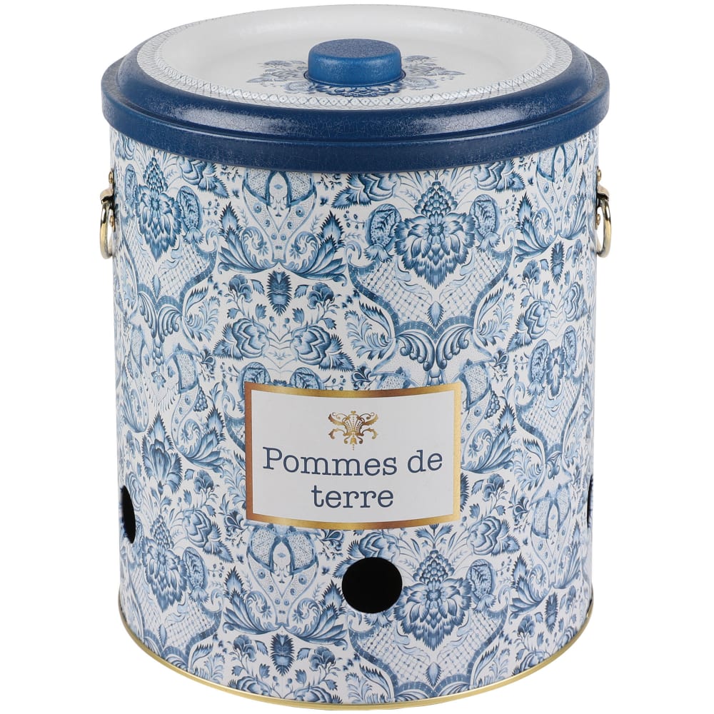 WADIGA Boîte à pommes de terre en métal.Dimensions: diamètre 22.5cm x Hauteur 24cmCouleur: Bleu, blanc, doréMatière: Métal